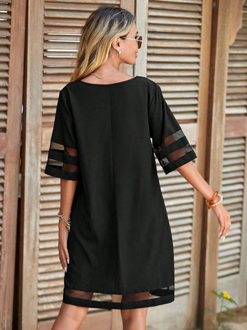 EMERY ROSE Solid V Neck Contrast Mesh Tunic Dress
