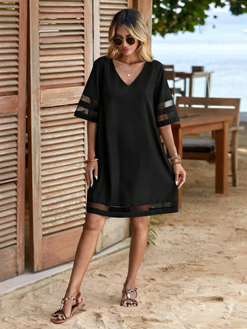 EMERY ROSE Solid V Neck Contrast Mesh Tunic Dress