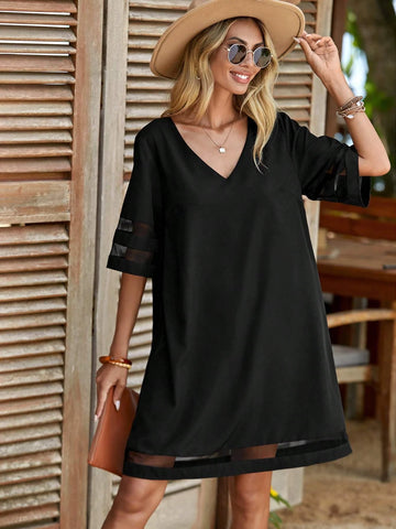 EMERY ROSE Solid V Neck Contrast Mesh Tunic Dress