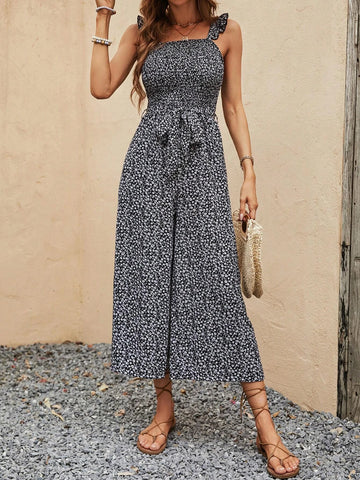 Ditsy Floral Print Ruffle Trim Belted Wide Leg Jumpsuit