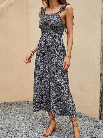 Ditsy Floral Print Ruffle Trim Belted Wide Leg Jumpsuit