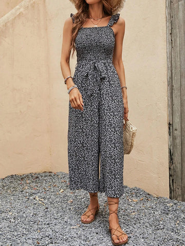 Ditsy Floral Print Ruffle Trim Belted Wide Leg Jumpsuit
