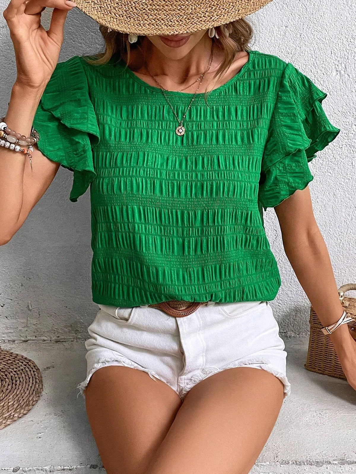 EMERY ROSE Solid Butterfly Sleeve Blouse