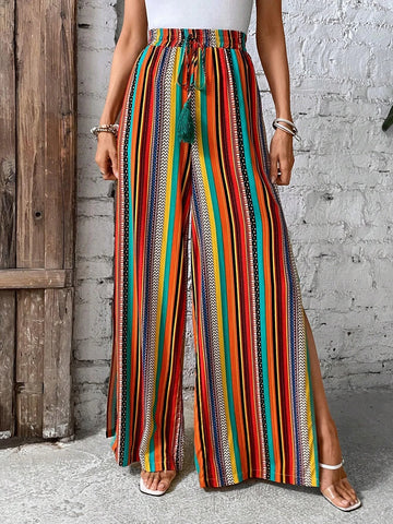 EMERY ROSE Striped Print Split Thigh Wide Leg Pants