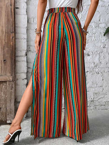 EMERY ROSE Striped Print Split Thigh Wide Leg Pants
