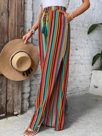 EMERY ROSE Striped Print Split Thigh Wide Leg Pants