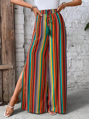 EMERY ROSE Striped Print Split Thigh Wide Leg Pants