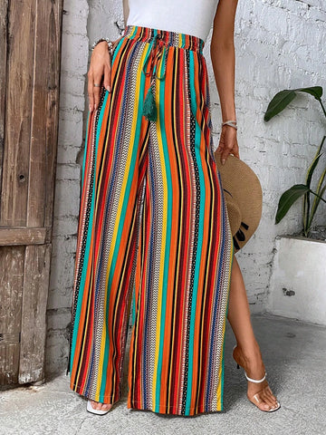 EMERY ROSE Striped Print Split Thigh Wide Leg Pants