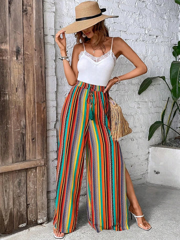 EMERY ROSE Striped Print Split Thigh Wide Leg Pants