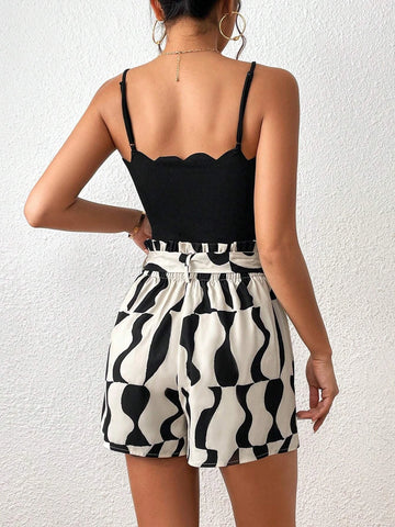 Graphic Print Scallop Trim Belted Cami Romper