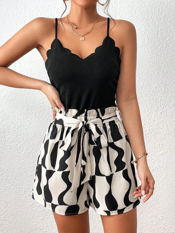 Graphic Print Scallop Trim Belted Cami Romper