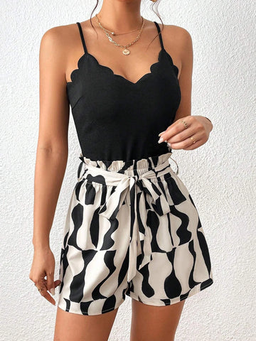 Graphic Print Scallop Trim Belted Cami Romper
