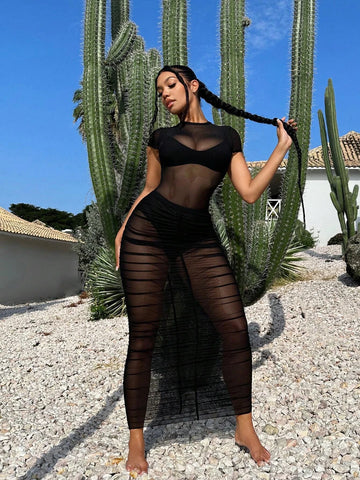 Solid Mesh Bodysuit & Ruched Bodycon Skirt Without Lingerie Set