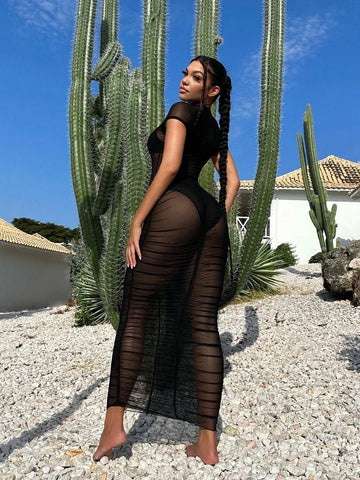 Solid Mesh Bodysuit & Ruched Bodycon Skirt Without Lingerie Set