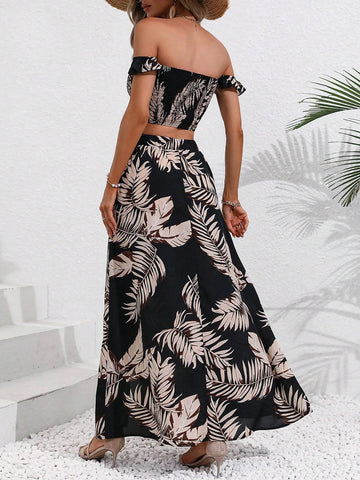Tropical Print Off Shoulder Crop Top & Skirt