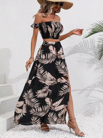 Tropical Print Off Shoulder Crop Top & Skirt
