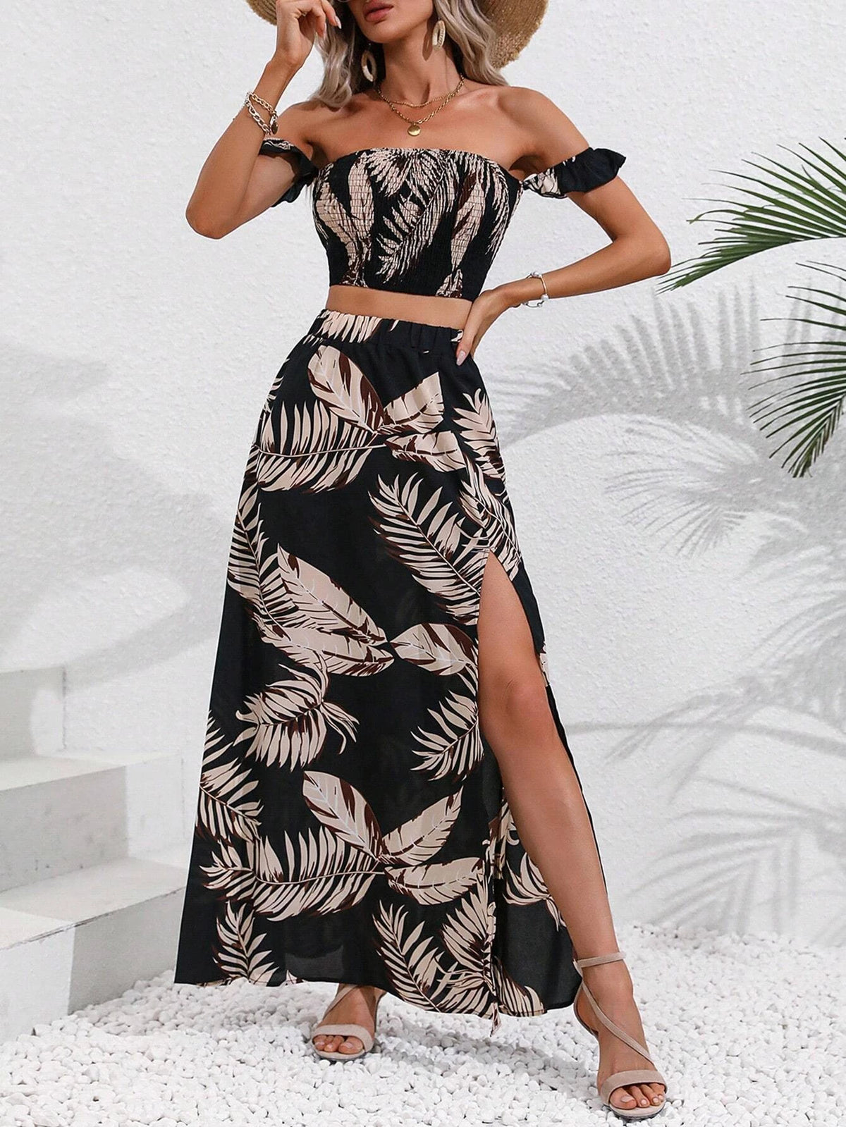 Tropical Print Off Shoulder Crop Top & Skirt