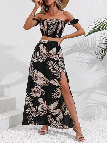 Tropical Print Off Shoulder Crop Top & Skirt