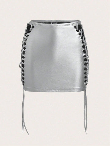 ICON Bikercore Lace Up Side PU Leather Bodycon Skirt