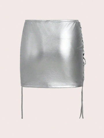 ICON Bikercore Lace Up Side PU Leather Bodycon Skirt