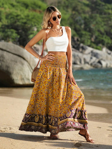 VCAY Floral Print Shirred Wide Waistband Ruffle Hem Skirt