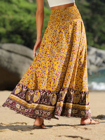 VCAY Floral Print Shirred Wide Waistband Ruffle Hem Skirt