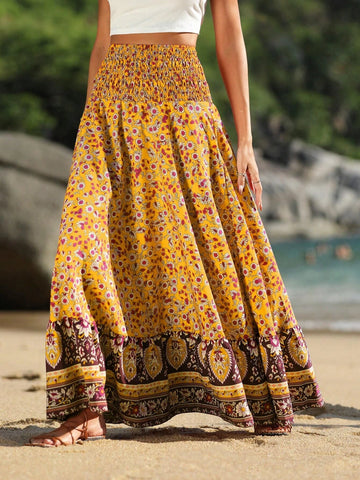 VCAY Floral Print Shirred Wide Waistband Ruffle Hem Skirt