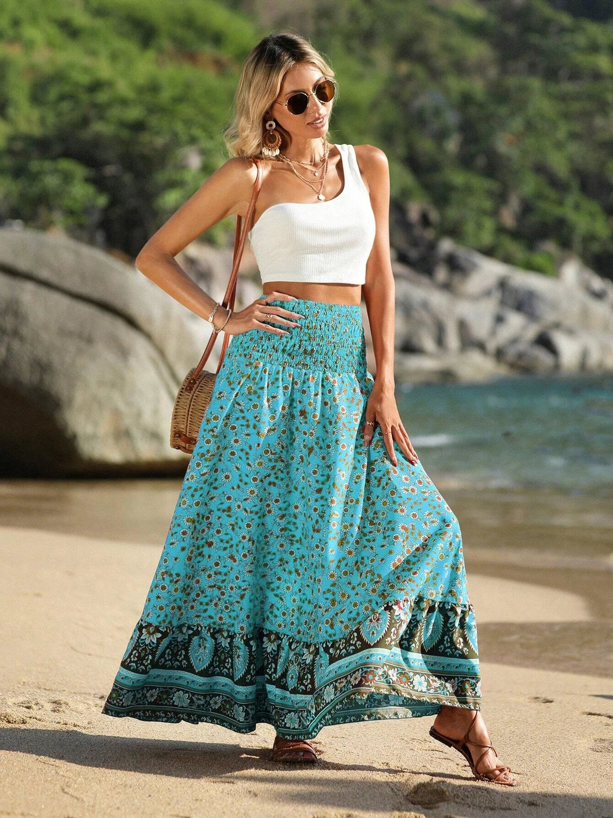 VCAY Floral Print Shirred Wide Waistband Ruffle Hem Skirt