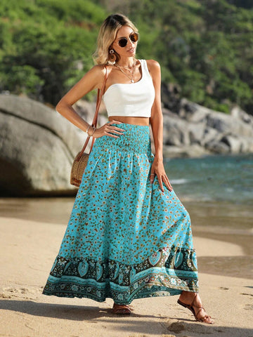 VCAY Floral Print Shirred Wide Waistband Ruffle Hem Skirt