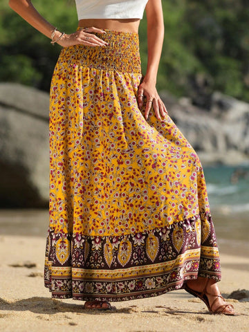 VCAY Floral Print Shirred Wide Waistband Ruffle Hem Skirt