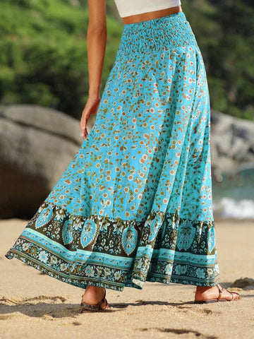 VCAY Floral Print Shirred Wide Waistband Ruffle Hem Skirt