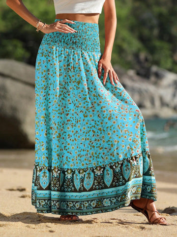 VCAY Floral Print Shirred Wide Waistband Ruffle Hem Skirt