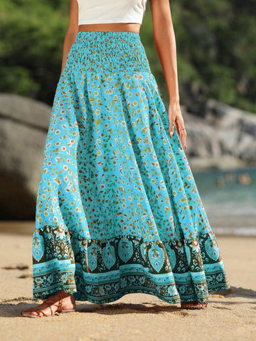 VCAY Floral Print Shirred Wide Waistband Ruffle Hem Skirt