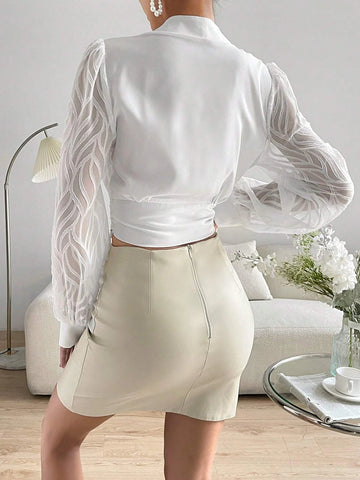 Unity Contrast Mesh Lantern Sleeve Crop Blouse