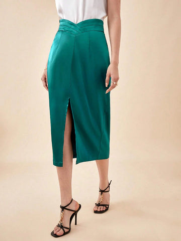 BIZwear Solid Split Thigh Satin Skirt