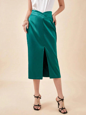 BIZwear Solid Split Thigh Satin Skirt