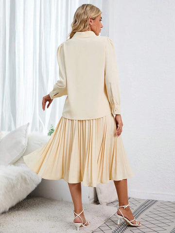 Solid Button Front Shirt & Pleated Skirt
