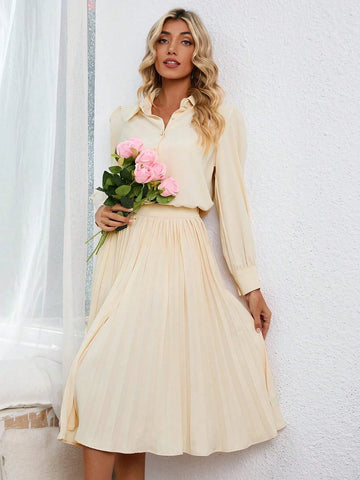 Solid Button Front Shirt & Pleated Skirt