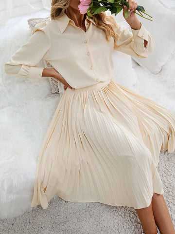 Solid Button Front Shirt & Pleated Skirt