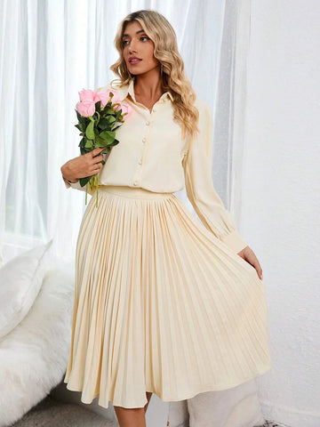 Solid Button Front Shirt & Pleated Skirt