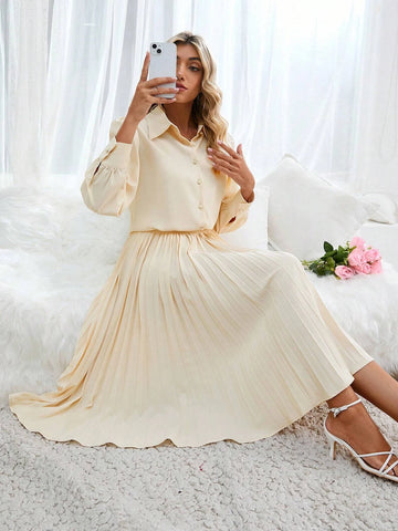 Solid Button Front Shirt & Pleated Skirt