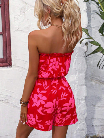 Floral Print Frill Trim Knot Front Tube Romper