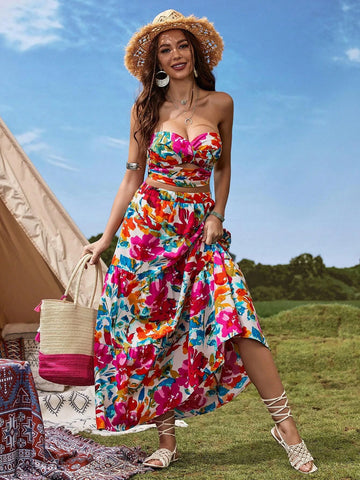 Floral Print Tube Top & Skirt
