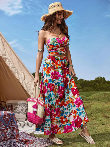 Floral Print Tube Top & Skirt