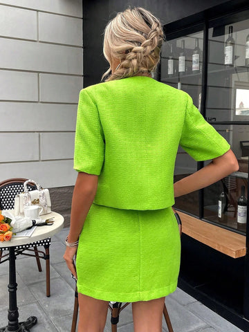 Solid Double Breasted Blazer & Skirt