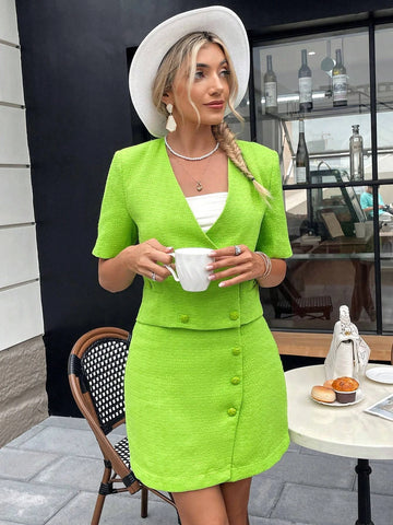 Solid Double Breasted Blazer & Skirt