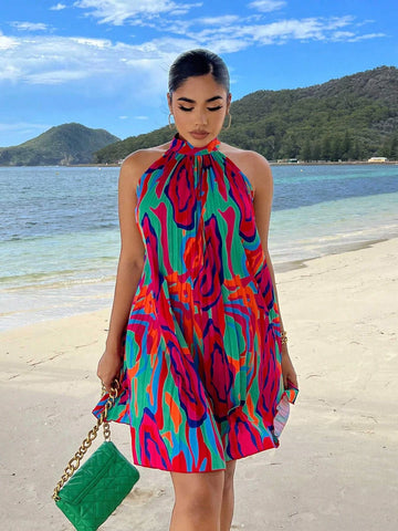 Allover Print Halter Neck Pleated Dress