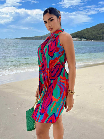 Allover Print Halter Neck Pleated Dress