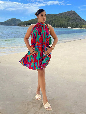 Allover Print Halter Neck Pleated Dress
