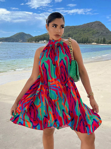 Allover Print Halter Neck Pleated Dress